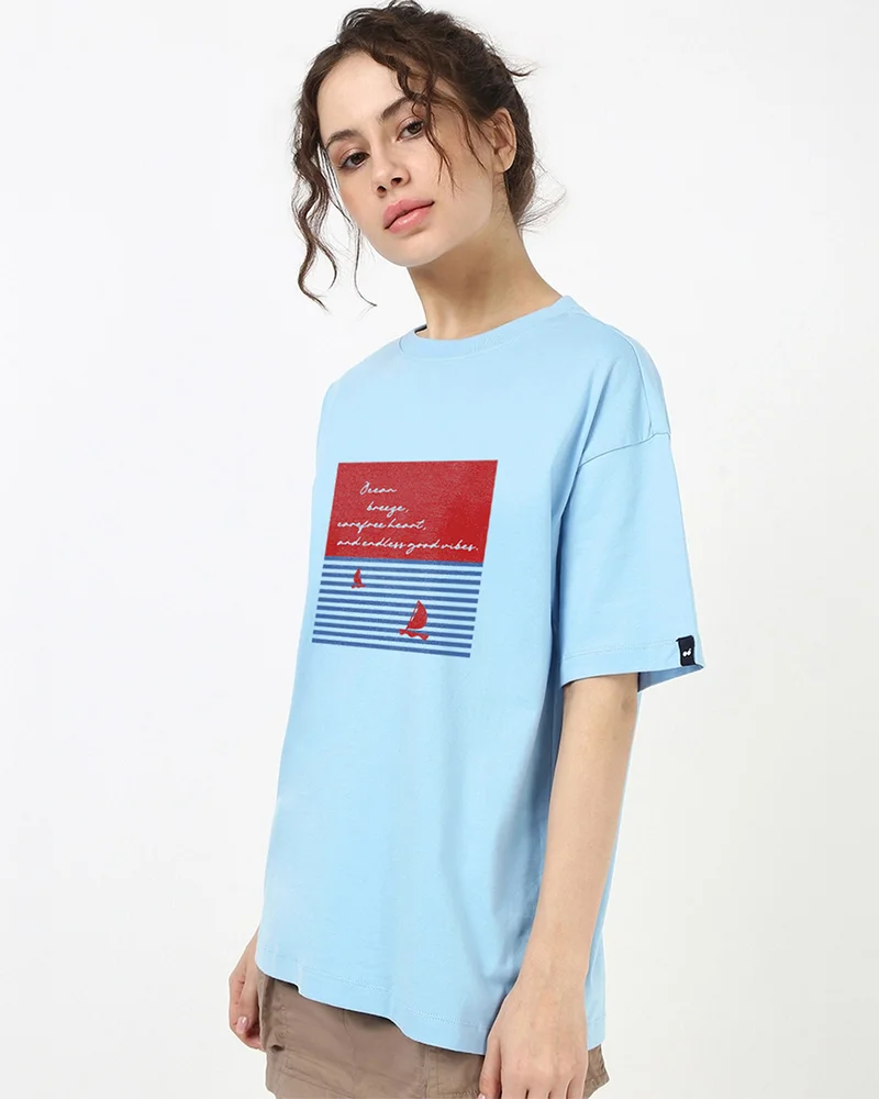 bewakoof Women's Clear Sky Blue Ocean Graphic Printed Oversized T-shirt